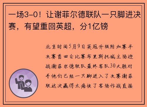 一场3-0！让谢菲尔德联队一只脚进决赛，有望重回英超，分1亿镑